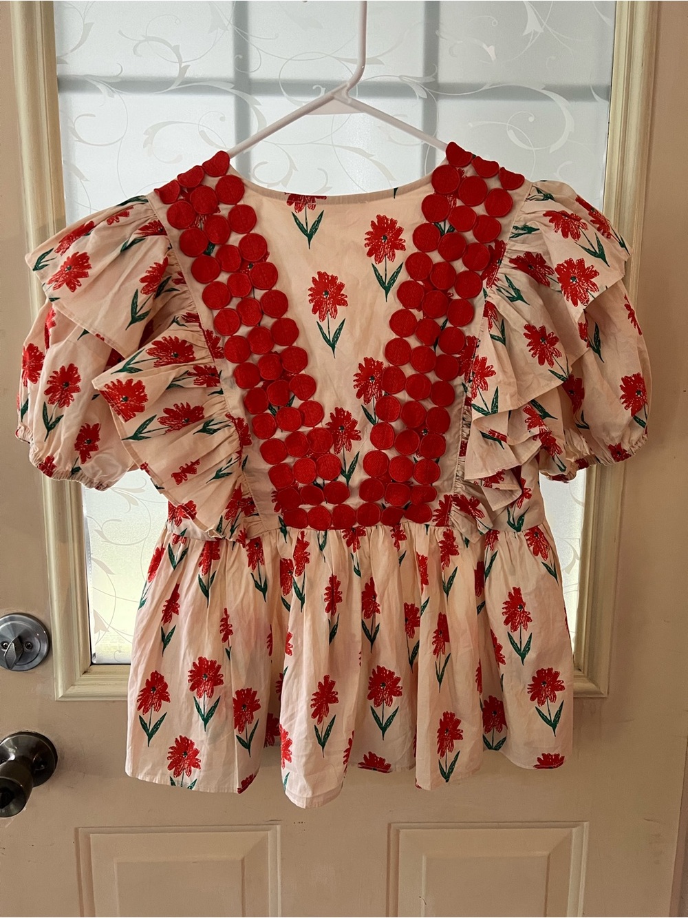 Entro floral ruffle puff sleeve peplum blouse with v neckline and polka dot trim - Picture 4 of 11